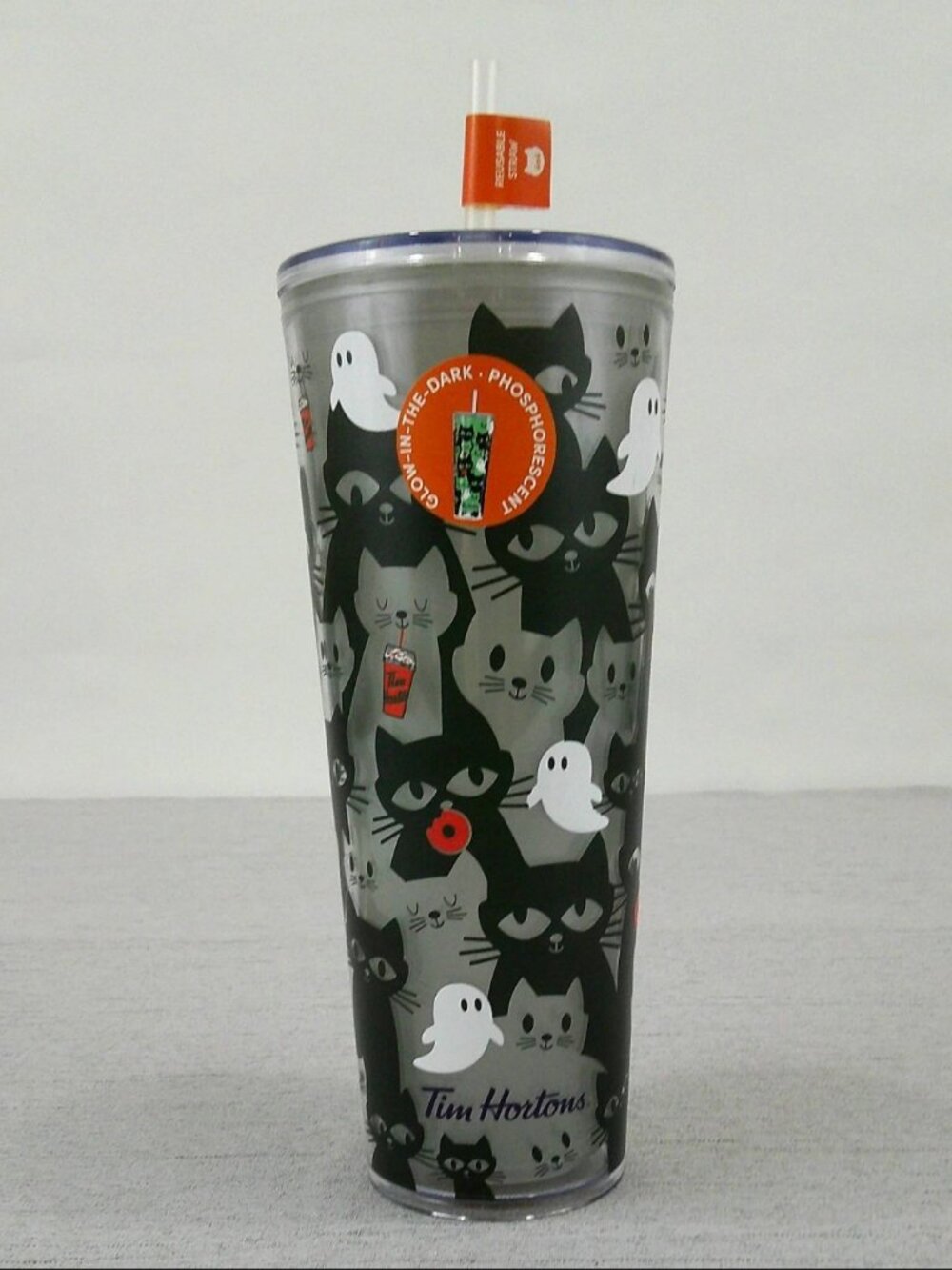 Tim Hortons Halloween 2025 Glow in the Dark Tumbler 24oz Black Cats Ghosts
